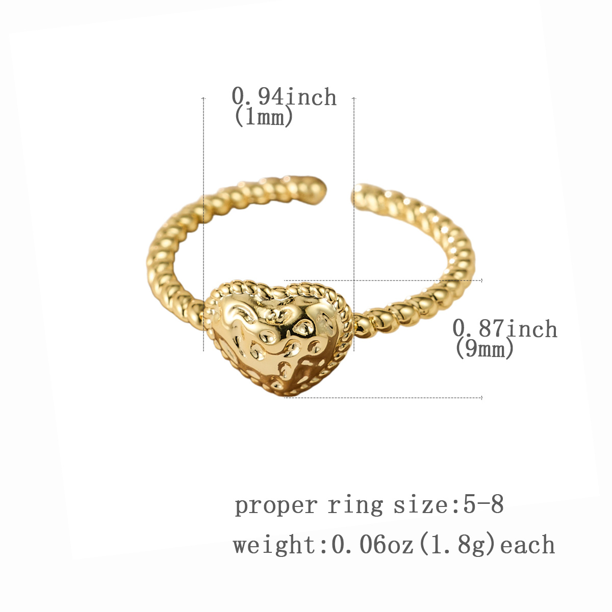 Women's Adjustable Hammered Heart Open Ring, Stackable Design